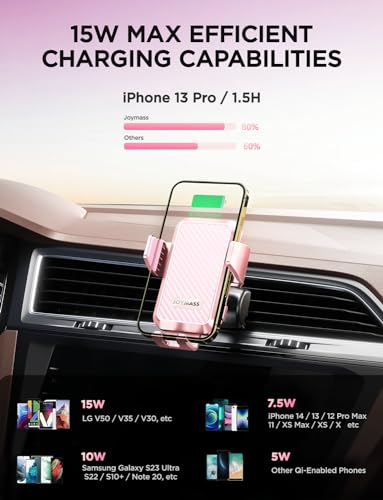 Image of Wireless Car Charger, JOYMASS 15W Fast Charging Auto Clamping Car Charger Cell Phone Holder Mount Vent for iPhone 15 14 13 12 Mini Pro Max, Samsung Galaxy S24 Ultra S23 S22 S21+ Note 20, etc - Pink