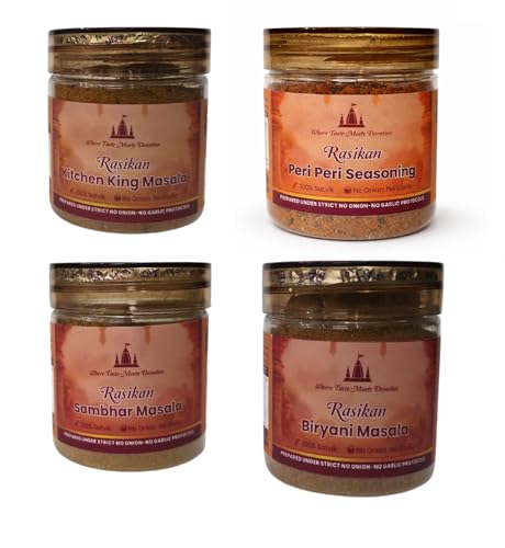 Rasikan Jain Satvik Masala Combo - Peri Peri, Kitchen King, Sambhar & Biryani Masala (320g)No Onion No Garlic | Freshly Ground Small Batch Spices | No Added Colour or Preservatives | Perfect for Bhog, Satvik & Everyday Cooking