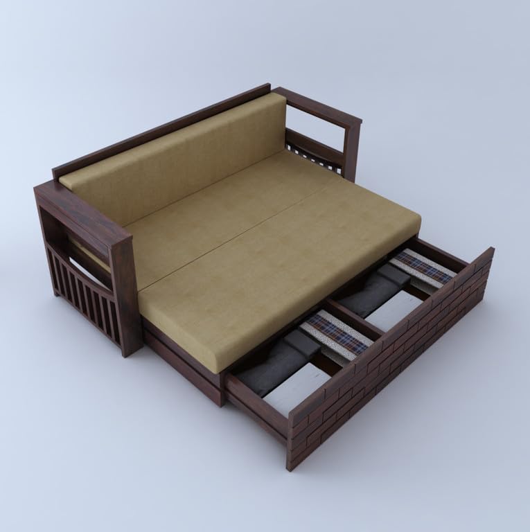 Image of Solid Sheesham Wood Sofa Cum Bed 3 Seater | Wooden Foldable Double Bed for Living Room with Headboard & Storage | Bed Cum Sofa with Mattress for Bedroom Furniture (Walnut Finish)