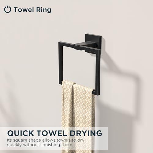 FORIOUS Toilet Paper Holder Wall Mount, SUS 304 Stainless Steel Square Double Post Pivoting Tissue Roll Holder and Hand Towel Ring Set, Bathroom Hardware Accessories Set, Matte Black - Image 4
