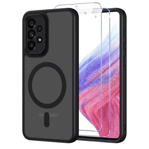 Pnakqil Magnetisch für Samsung Galaxy A53 5G Hülle für Magsafe Matt Transluzente Handyhülle für Samsung A53 mit 2 Panzer Schutz Glas PC Härte Rückseite Kratzfest Stoßfest Dünn Magnetische Case Schwarz