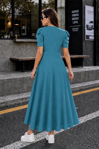 Image of Preneum Girl's & Women's Solid Color V-Neck A-Line Maxi Dress for Women | New Year Party Outfit | Waist Cinched Puff Sleeve Western | Elegant Casual Wear (Availble in Plus Size)