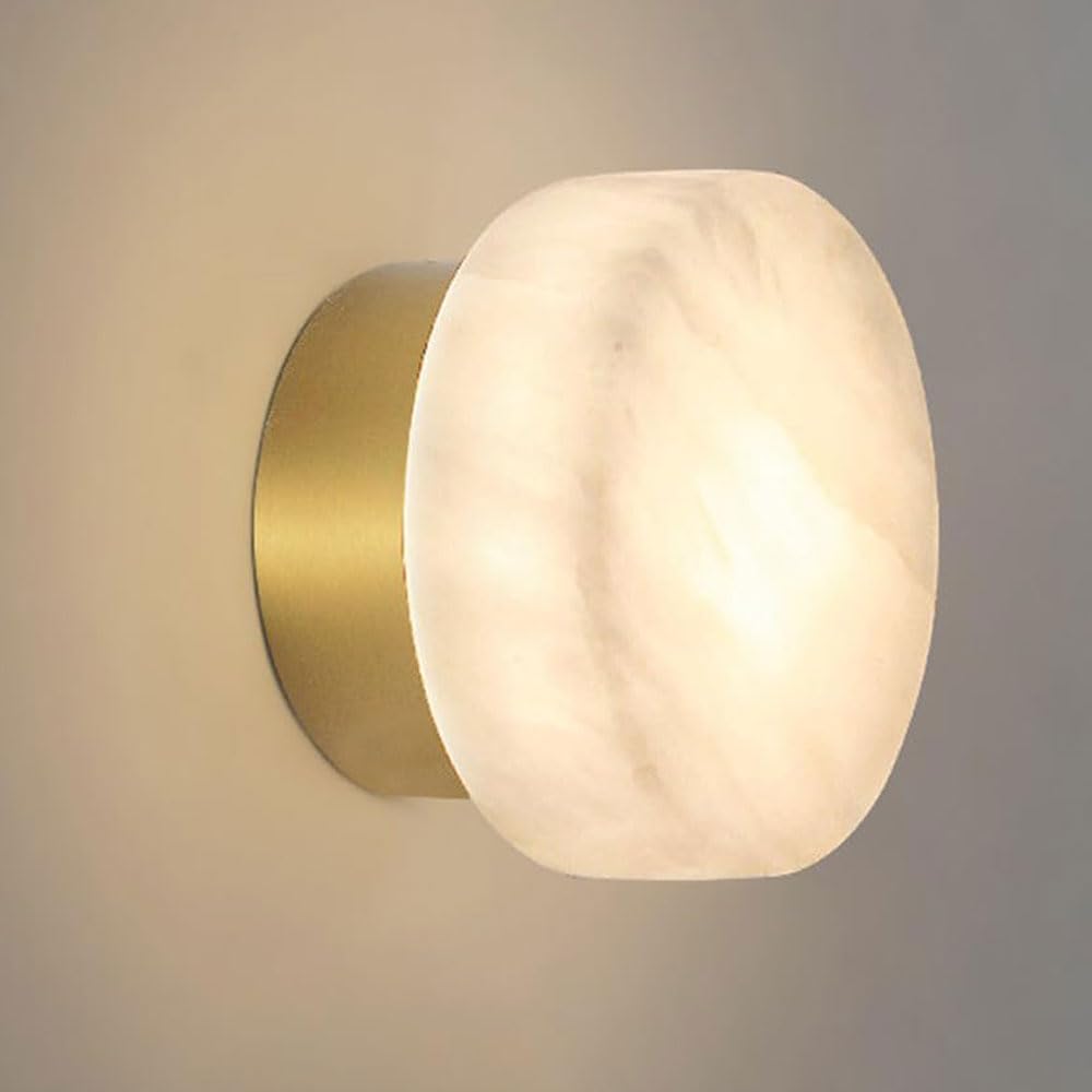 GUOGUOSM Medieval Minimalist Style Alabaster Wall Lamp, 5.1in Round Wall Light, Natural Marble Indoor Wall Sconce, Bedside Staircase Dining Room Decorative Lighting Fixtures.