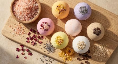 Image of Bath Bomb - spa set for women Rose, calendula, Oats, Green , Pink salt |and city's orange lime Refreshing hot water bath hydrating moisturizing enchanting Fizzy Aromatic Bath Bomb ( 75 g) each - Pack of 6 Perfect Hamper for Women Men (MIX)