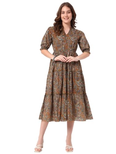 Image of Women's Fit and Flare Dress I Pure Cotton Long Summer Maxi Dress I V-Neck I Casual Wear I Printed Kalamkari Floral Middi