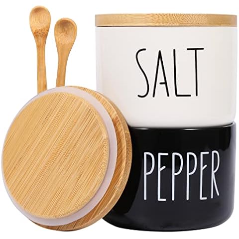 VICUKIE Farmhouse Salt And Pepper Bowls,Stacked Ceramic Salt Cellar With Bamboo Lid, Salt Container With Lid And Spoon, Modern Farmhouse Kitchen Decor, Salt Box, Spice Box(BLACK AND WHITE) Cover