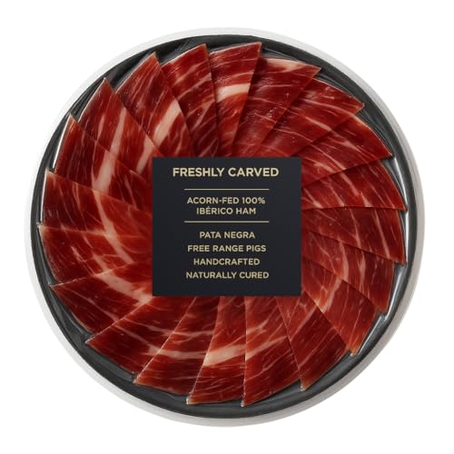Iberico Acorn-Fed Ham - Sliced Jamon Pata Negra, 3 oz | Premium Spanish Dry-Cured Ham, Gourmet Charcuterie, 100% Bellota, Rich Flavor, Imported Iberian Delicacy (One Pack, 1, Count)