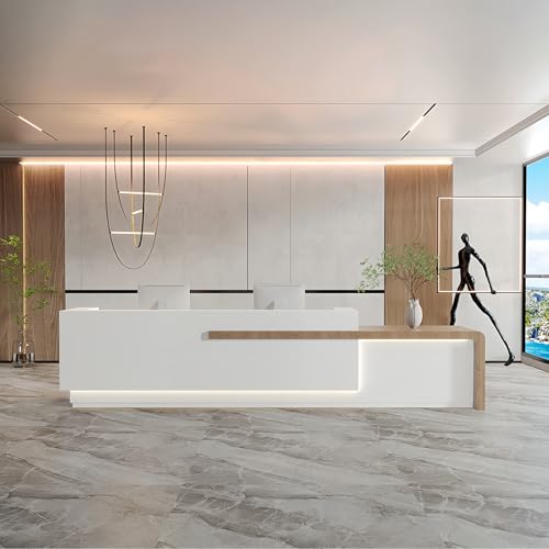 Reception Desk with Counter Has Ample Storage Space and LED Ambient Light, No Assembly Required. Suitable for Shopping Malls, Retail Counters, Cashier Counters