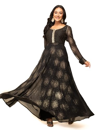 Image of FIORRA Women's Fit And Flare Floor Length Georgette Printed Gown With Dupatta