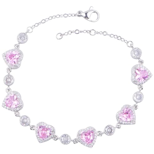 1pcs Love Heart Cherry Flower Pink Cubic Zirconia Bracelet Heart-shaped Bridal Wedding Bracelet Links Jewelry Gift for Brides Bridesmaids Women Party Prom