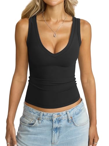 Image of Eachyes Womens V Neck Tank Tops Sleeveless Slim Fit Shirts Summer Going Out Fashion Outfit Clothes 2026