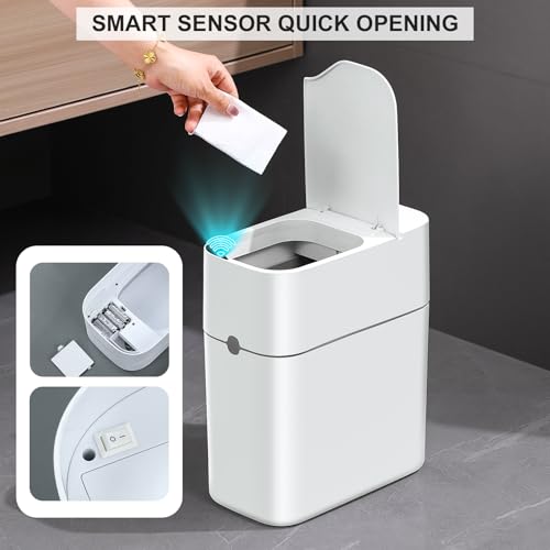 Image of MOPUP Bathroom Trash Can, Automatic Bagging Garbage Can, 3.5 Gallon Slim Smart Small Plastic Trash Bin, Narrow Motion Sensor Trash Can for Bedroom, Office White