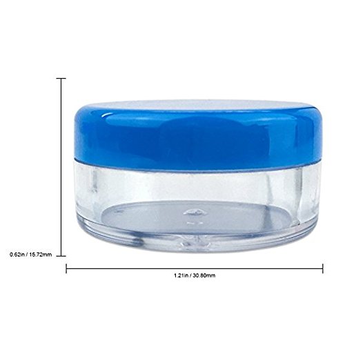 50 Empty 5 Grams Acrylic Clear Round Jars - BPA Free Containers for Cosmetic, Lotion, Cream, Makeup, Bead, Eye shadow, Rhinestone, Samples, Pot, Small Accessories 5g/5ml (BLUE LID)