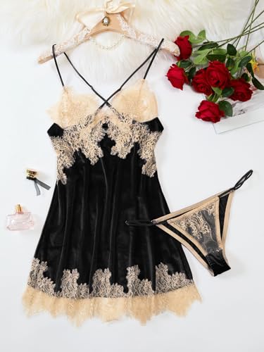 Image of Lilosy Sexy Silk Lace Up Backless Satin Applique Floral Lace Babydoll Lingerie Dress with Tong 2 Piece