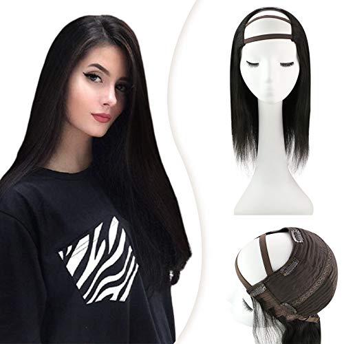 YoungSee Human Hair U Part Wig 20 inch #1B Black U Part Wigs Human Hair Clip in U Part Half Wig Medium Cap Silky Straight Black Human Hair Wig U Part 150g