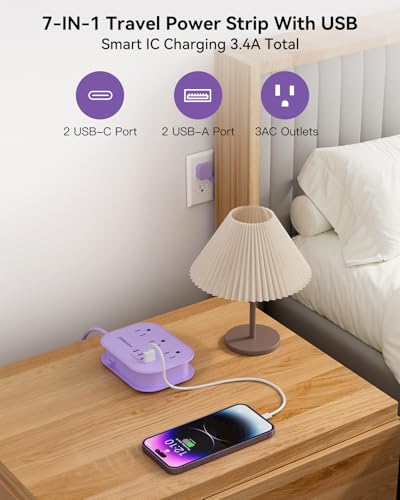 Image of Purple Extension Cord-, 5 FT Kawaii Travel Power Strip, 1250W Cute Extension Cord with 3 AC Outlet 4 USB Desktop Charging Station, Purple Desk Accessories for Cruise Essentials, Travel, Home, Dorm.