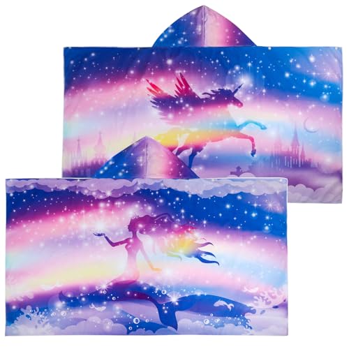 Image of Kids Hooded Beach Towel, 100% Cotton Super Soft and Absorbent Bath Towel, 50" x 30" Large Size with 2 Snap Buttons for Ages 3-10, Cozy Cover Up for Pool, Beach, and Bath Time (Mermaid Unicorn)