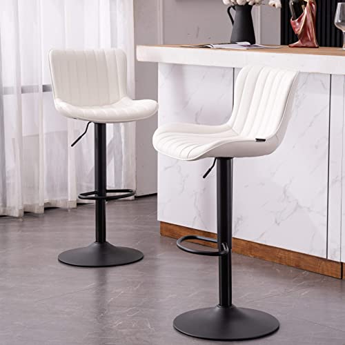 Kidol & Shellder Tabouret Bar Blanc Lot de 2 Tabouret de Bar Industriel Hauteur Réglable Chaise de Bar Cuisine Pivotant Simili Cuir Coussin Dossier Haut, 5-8 Minutes Facile à Assembler