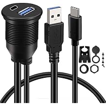 Type C 3.0 and USB 3.0 A Male to Female AUX Car Mount Flush Cable Waterproof Extension for Car Truck Boat Motorcycle Dashboard Panel - 3ft