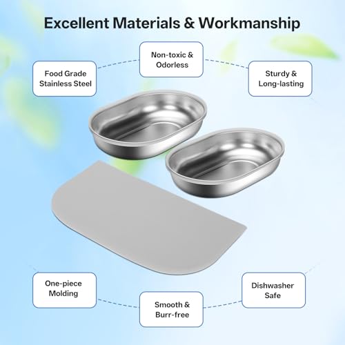 Feriva Edelstahlnäpfe und Matte im Set für Mikrochip-Futterautomaten, 2 SUS 304 Einzelschalen and und 1 Silikon Matte, für Nass und Trockenfutter, Lebensmittel frisch halten, Leicht zu Reinigen
