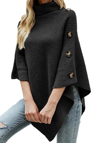Women Turtleneck Poncho Knit Cape High Neck Button Detail Sweater 3/4 Sleeve Oversized Fall Sweaters Pullover Shawl