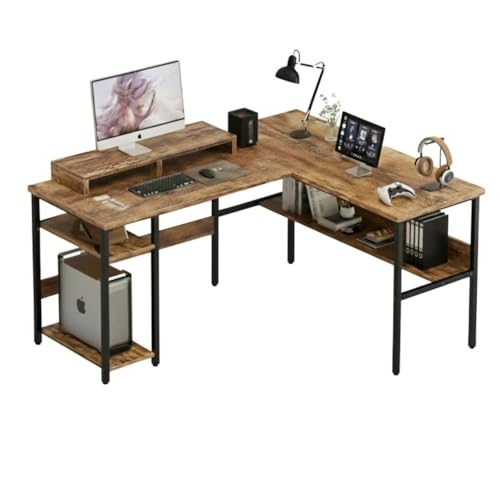 Image of TEKAVO Daino L Shaped Computer Table with CPU Storage | Corner Office Work Desk with bottm Shelf | Office Table for Work | Brown Color