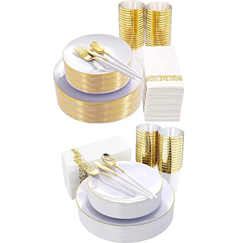 Nervure 350Pcs White And Gold Plastic Plates & Nervure 140Pcs White And Gold Plastic Plates #TOP7
