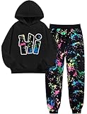 Doumlop Boys Outfits Size 12-14 Boys Clothes Size 14 Tie Dye Letter Printing Pullover Hoodie and Pants 2 Piece Teen Clothes Boys Winter Sweatsuit Black