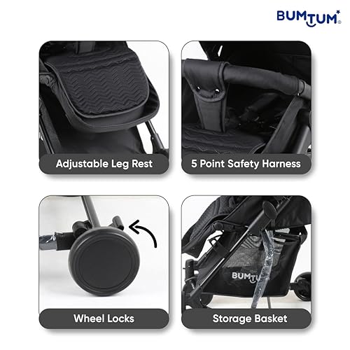 Image of BUMTUM Baby Stroller /Pram for 6 to 36 Months, Adjustable backrest, 360 Swivel Wheel, Large Storage Basket, Reversible Handlebar for New Born, Toddler & Kids(Black)