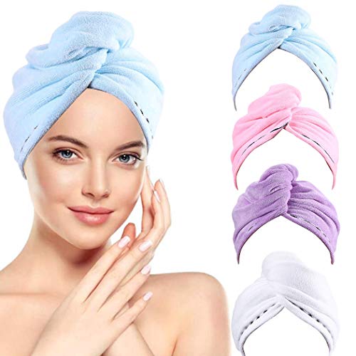 Crysly Bath Hair Drying Towels Microfiber Stripe Hair Wraps Absorbent Hair Turban Sets Quick Dry Hair Caps with Buttons for Women and Girls (Pink&White)