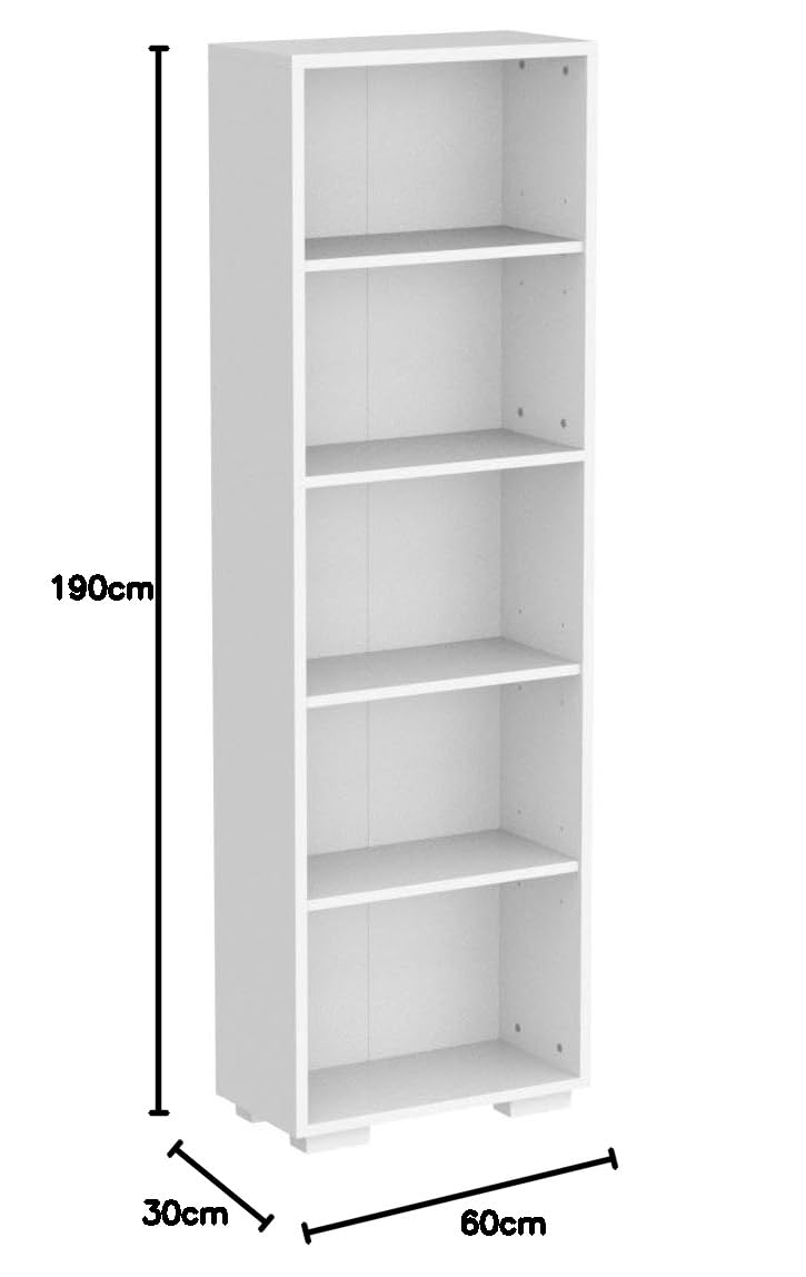 tectake® Scaffale per Libri con 5 Ripiani, Libreria Verticale Salvaspazio, Arredamento Ufficio e Casa, Libreria da Parete, Design Robusto in MDF, Facile da Pulire - Bianco
