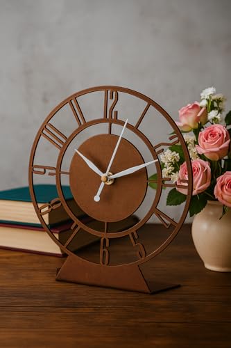 Image of Modern Artistic Decorative Metal Table Analog Clock with Sweep and Silent Machine, Desk Clock for Living Room, Dining Room, Office, Home Decor, Copper, 18x20 CM