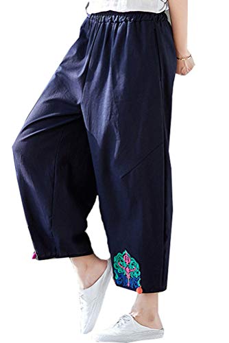 Minibee Women's Linen Cropped Pants Wide Leg Tapered Ankle Capris Trousers with Pockets (Navy, L)