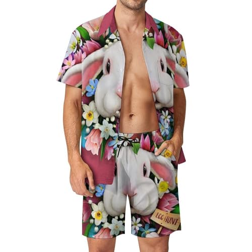 Ensemble hawaïen lapin floral homme 2 pièces avec chemise short et pantalon respirant taille S