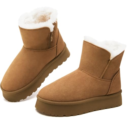 Image of THATXUAOV Womens Ankle Winter Boots, Anti-Slip Suede Mini Boot For Women,Side Zipper Platform Slip On Snow Boots With Fur Lining