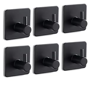 Ruimooto Handdoekhouder zonder boren, set met 6 zwarte haken, zelfklevend, zelfklevende handdoekhaken voor badkamer en keuken, zwart