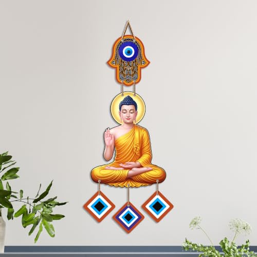 Image of Artvibes Buddha Wall Hanging with Evil Eye Charms | Spiritual Wooden Decor Symbolizing Peace | Growth and Positive Energy | Decorative Hanging for Living Room | Meditation Room | Art Gift (WH 85101N)