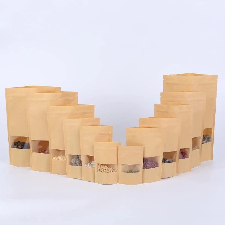 100pcs Packing Zip Lock Kraft Paper Window Bag Stand up Gift Dried Food Fruit Tea Packaging Pouches Zipper Self Sealing Bags (30X40cm)