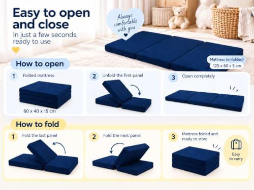 Miniatura 5 de Dreamdi Colchón De Cuna De Viaje 120 X 60 Cm Plegable En 3 Piezas Núcleo De Espuma Hr 5 Cm Transpirable Antibacteriano Azul