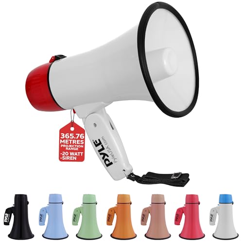 Pyle Rechargeable Megaphone Speaker with Siren Bullhorn 20W with Loud Speaker For Music Whistle and Record Cheer Megaphones For Soccer Coach and Football Game Day Essentials White & Red