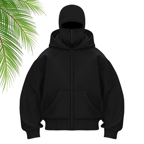 Balaclava Hoodie Zippe, Double Hooded Zip Jacket, Built-In Eye Mask, Full Zip Hooded Sweatshirt, Unisex