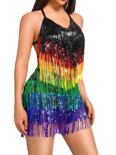 Kaei&Shi Sequin Fringe Dress,Backless Sexy Rompers For Women Clubwear,Sparkly Dance