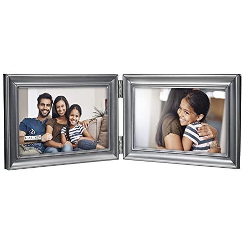 Malden International Designs Concourse Pewter Metal Hinged Picture Frame, Double Horizontal, 2-4x6, Silver