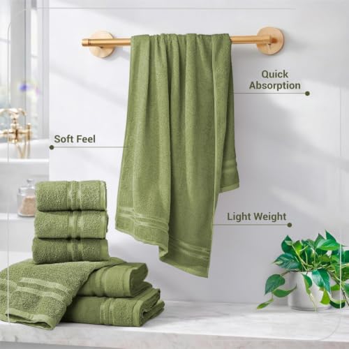 Image of 100% Cotton Terry Ultrasoft and Quick Absorbent 380 GSM Solid 6 pcs. Quick Dry Bath Towel Set for Bathroom or Gifting Towel Set (Green)