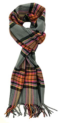 Plum Feathers Plaid Check and Solid Cashmere Feel Winter Scarf (Grey-Orange Plaid)