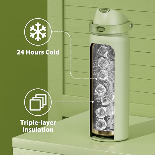 Image of 32 oz Insulated Water Bottle with Straw: Meoky Stainless Steel Metal Water Bottle with 2-in-1 Lid - Leak Proof, Cold for 24 Hours, Protective Silicone Base, BPA-Free for Sports Gym, Sage