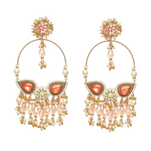 Image of SANJOYA by EVERSTYLISH Embroidered Earrings for Women | Hoop Earrings with Stones, Beads, Pearls & Glass Drops | Lightweight Ethnic & Festive Jewelry for Weddings & Parties