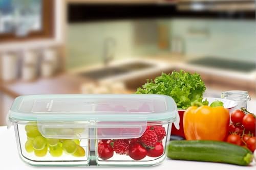 Image of Lunch Box Glass 2 Compartment | Lunch Box for Office Use with Airtight Locks | Microwave Safe Container with Partition | Glass Container wih Lid for Men,Women(1000ml)
