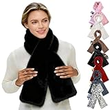 LONGLUAN Faux Fur Pull-Through Scarf with Zipper Pocket for Cell Phone and Valuables, Fuzzy Neck Wrap with Concealed Pouch (Black)