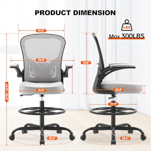 Image of Ergonomic Drafting Chair, Tall Office Chair with Flip-up Armrests, Breathable Mesh High Desk Chair with Lumbar Support Adjustable Footrest Ring for Standing Desk Gray